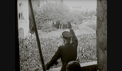 Mussolini's declaration to the crowd in the square (B&W image)